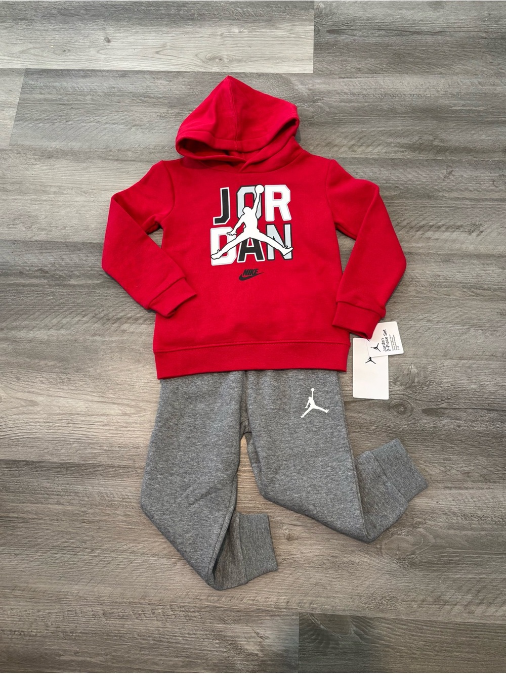 New Jordan red graphic hoodie & grey logo joggers sweatpants outfit set 3T